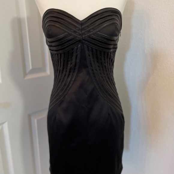 Black Satin Mini dress w/ Faux Leather accents Strapless LBD S/M - Picture 2 of 8